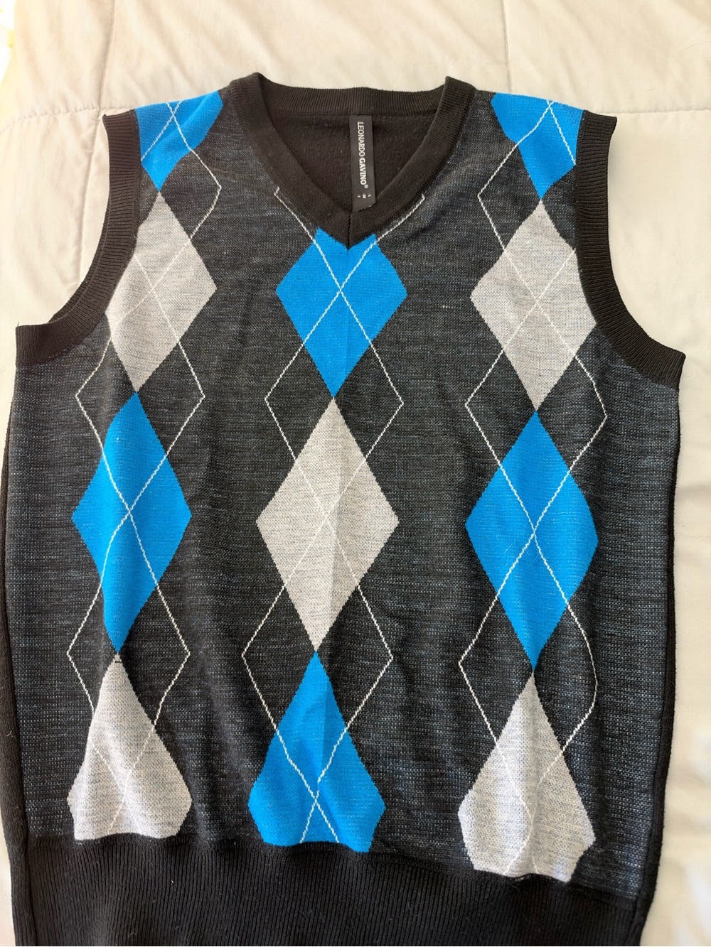 Argyle V-Neck Sweater Vest in Black, Blue & Gray - Classic Men’s Knit